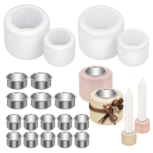 4 Stück Silikonform Kerzenhalter mit 15 Stück Kerzenständer Metall Kerzenständer Silikonformen Gießformen Silikon Gießform Kerzenhalter zum gießen für Stabkerzen Teelichter