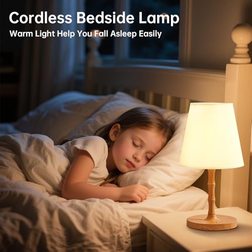 Image of Dawnwake Table Lamp Cordless Bedside Desk Lamp,Rechargeable Battery Operated Lamps for Bedroom Night Stands,3 Colors Touch Dimmable Small Table Kitchen Lamps,4000mAh LED Wood Grain
