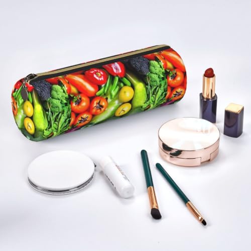 PUYhgb Pochette cylindrique pour stylo imprimé légumes frais, sac de papeterie à fermeture éclair, étui de rangement portable, doré, One Size, trousse cylindrique – vue 8