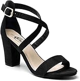 Trary Women's Ankle Strap and Adjustable Buckle Chunky Pump Heel Sandals Black Suede 09