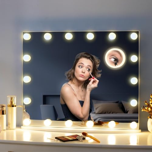 LUXFURNI Vanity Tabletop Makeup Mirror Hollywood Dimmable Light Touch Control 18 Cold/Warm LED Lights, Detachable 3X Magnification Mirror