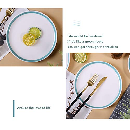 Porcelain Simple Plate, Home Dessert Cake Plate With Green Edges Western-Style Steak Pasta Thick And Durable Tableware Easy To Clean Plate,White,20.32.1Cm #TOP3