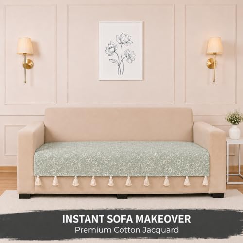 Image of STITCHNEST 'Verdant Phool Stories' 1 Seater Sofa Cover| Elegant Jacquard Fabric, Decorative Tassels, Washable & Durable for Modern Living