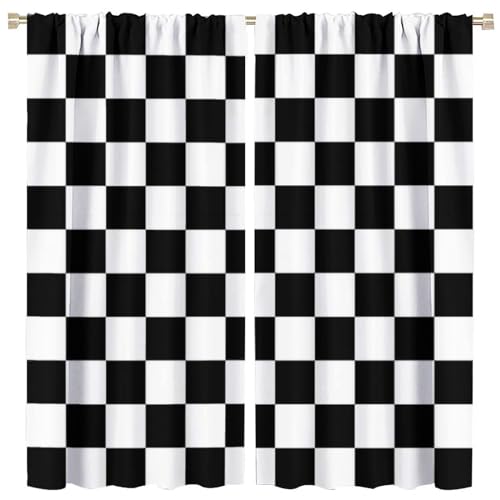 HZOHNAGO Racing Car Flag Curtains Grid Black White Check Pattern for Kids Room Decoration Blackout Print Rod Pocket Window Drapes for Bedroom Living Room 84x84in