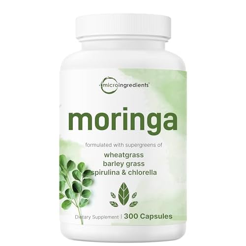 Micro Ingredients Moringa Oleifera | 300 Capsules with Supergreens Blend of Wheatgrass, Barley Grass, Spirulina, & Chlorella | Antioxidant Supplement, Energy, & Immune Support | Non-GMO
