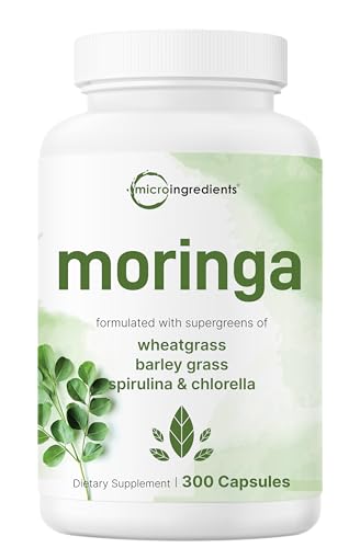Micro Ingredients Moringa Oleifera | 300 Capsules with Supergreens Blend of Wheatgrass, Barley Grass, Spirulina, & Chlorella | Antioxidant Supplement, Energy, & Immune Support | Non-GMO