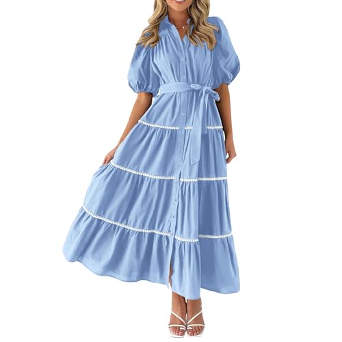 Women 2024 Summer Button Down Shirt Dress Puffy Sleeve Lapel Collared Contrast Color Wavy Trim Maxi Dress Plus Size Tiered Ruffle Flowy Long Sundress (Light Blue, L)