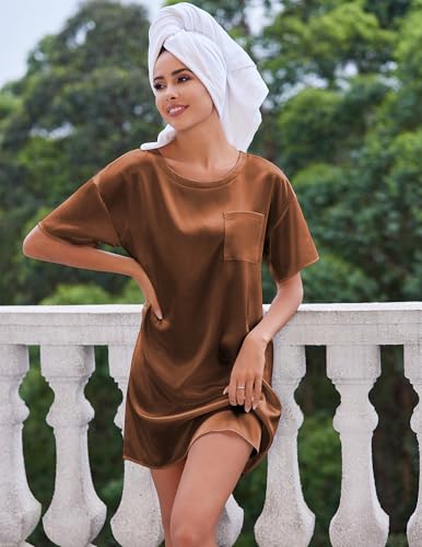 Image of Ekouaer Silky Satin Sleep Shirts for Women Nightshirt Tshirt Night Gowns | Short Sleeve Pajama Dress Round Neck Shirt Dress With Chest Pocket Cooling Nightgowns Lightweight Sleepwear
