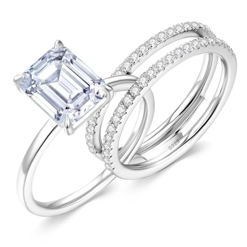 Image of Moissanite Wedding Ring Set for Women, D Color VVS1 Cushion /Emerald Cut Bridal Set Wedding Bands S925 Sterling Silver with 18K White Gold Plated Engagement Anniversary Rings for Her Size 4-8.5