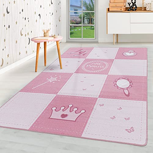 HomebyHome Kinderteppich Kurzflor Prinzessin Design Rosa 80x120 cm - Teppich Kinderzimmer für...