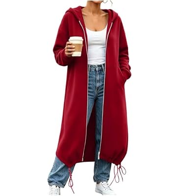 Womens Zip Up Hoodies Y2K Long Tunic Sweatshirts Casual Jackets Red