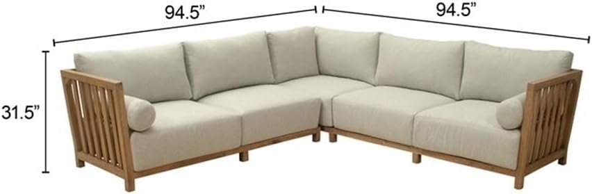 Pemberly Row Modern Outdoor Sectional Sofa, Gray Olefin Fabric, Painted Acacia Wood Frame, Weather-Resistant, Seats 4, Removable Cushions, Contemporary Design, Patio or Indoor Seating