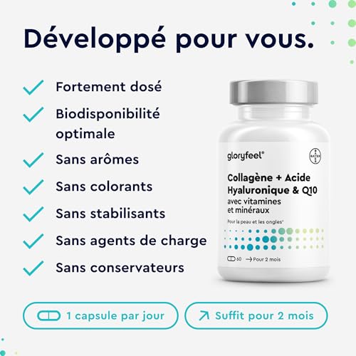 Collagene Marin + Acide Hyaluronique & Q10, Enrichi en Zinc, Magnésium, Vitamines B12, D3, A & C, 60 Capsules, Complexe Collagène Premium pour la Peau, les Cheveux & les Articulations*, Sans Additifs – vue 5