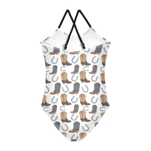 senya Girls Swimsuits One-Piece Swimwear Tie Bathing Suit Beach Summer Round Neck 7-8T Boots Horseshoe Pattern2