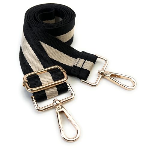 Image of Classic Black Beige Stripe Purse Strap with Light Gold Hardware 1-1 /2 Inch Wide Replacement Crossbody Guitar Style Shoulder Strap for Handbags Totes