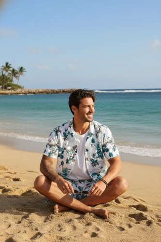 Image of Zilcon Men's Matching Set Summer Beach 2 Piece Outfits Floral and Palms Button Down Shirts and Shorts Goa Vacation Outfits
