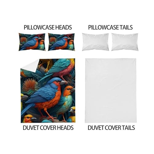 Housse de couette double oiseaux imprimé 3D en microfibre 200x200cm pour lit enfant