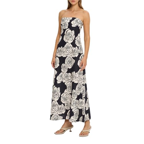 Image of Women Floral Print Maxi Tube Dress Strapless Flowy Long Bandeau Dress Y2K Open Back Sundress Summer Beachwear