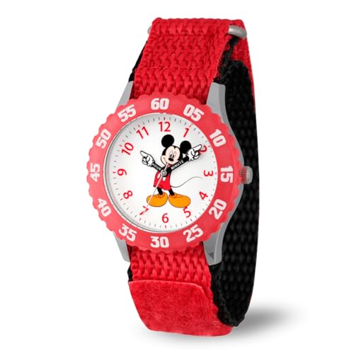 Disney Mickey Mouse Watch for Kids Age 3–7 with Classic Character Dial – Gift for Boys Who Love Mickey Mouse – Easy-Read Face, Red Bezel with White Numbers, and Red Nylon Strap with Velcro