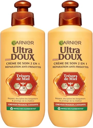 Garnier Ultra Doux Trésors de Miel pour Cheveux Fragiles & Cassants - Crème de Soin 2-en-1 Réparation Anti-Frisottis - Au Miel d'Acacia, de Manuka & de Lavande - 200ml - Homme & Femme (Lot de 2)
