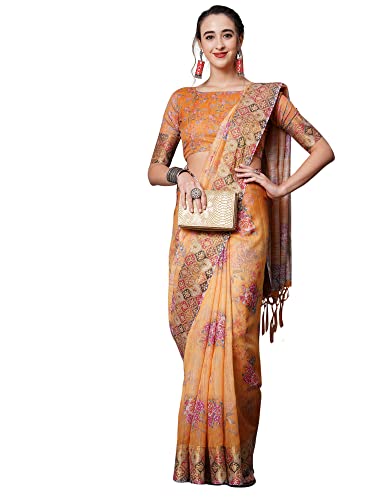 Image of AKHILAM Women's Ikat Linen Saree With Blouse Piece