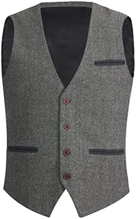 Allingentle Grey Mens Vest for Men's Suit Vests Herringbone Tweed Tuxedo Vest Linen Men's Outerwear Vests Wedding Vest for Groom Dress Waistcoat Business Casual Vests for Men Formal