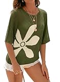 Dokotoo Beach Vacation Clothes for Women Swimsuit Coverup Crewneck Half Sleeve Bathing Suit Crochet Beach Floral Hollow Out Slit Bikini Fashion Clothing Vacation Cruise Outfits Jungle Green