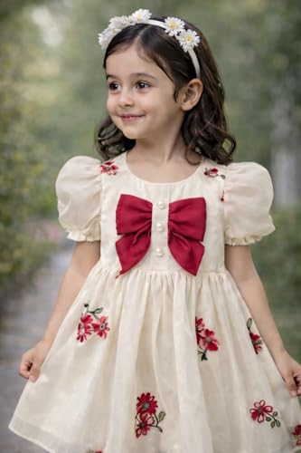 Image of Buy & Try Girls Silk Frock, Short Sleeve Knee-Length Floral Dress for Birthday & Festive Events with Comfortable Zipper Closure