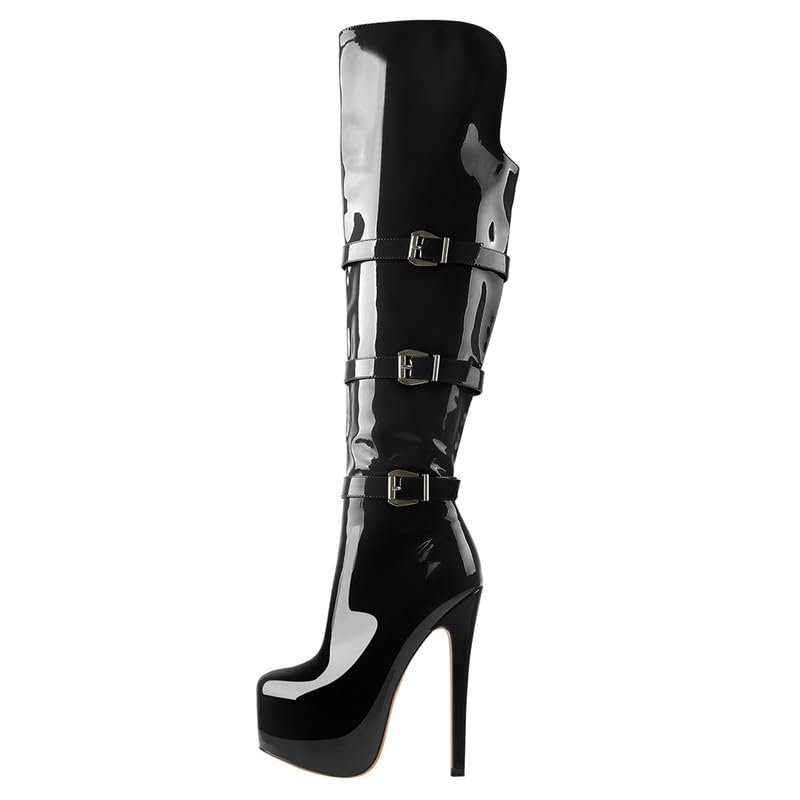 Only maker Damen Schwarz Lackoptik mit Schnallen Stiletto High Heel...