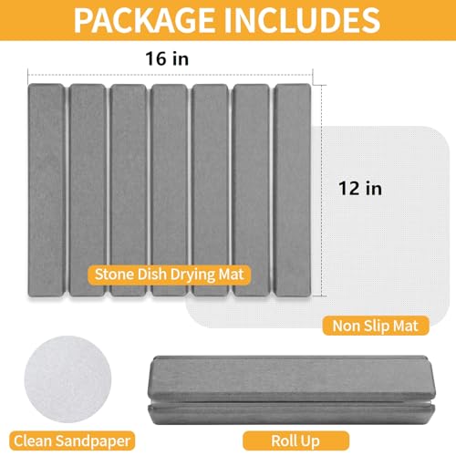 Image of Stone Dish Drying Mat for Kitchen Counter, 16''x12'' Quick Dry Stone Dishes Mats Foldable Foldable Water Absorbing Diatomaceous Earth Drying Organizer Pad for Dishes Utensils Bottles(Dark Gray)