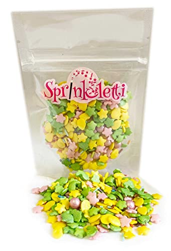 Sprinkletti – Springaletti -Mini Pouch - 30g. This beautiful mix of spring coloured shapes and sprinkles is ideal for all of your themed cakes and bakes. (Springletti)