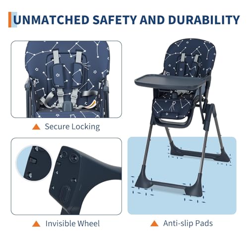Baby High Chair, Foldable Feeding Chairs for Babies and Toddlers, Adjustable Height/Backrest/Footrest, Removable Tray, Fast Folding Blue by PeacefulHues - Used condition - Image 6