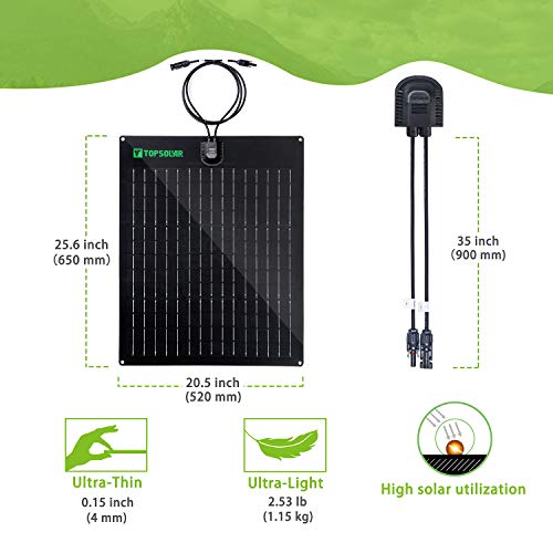 Topsolar Flexible Solar Panel 50W 24V/12V Monocrystalline Bendable - 50 Watt 12Volt Semi-Flexible Mono Solar Panels Charger Off-Grid for RV Boat Cabin Van Car Uneven Surfaces