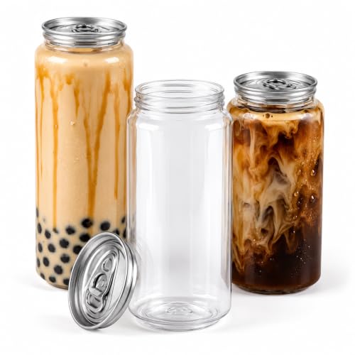 MASTLOUFUL Gobelets Pet Transparents jetables de 250 ML en Forme de canette, avec couvercles Aluminium à sertir, pour Bubble Tea, thé glacé et café Froid, Lot de 200 500ml/5.04in