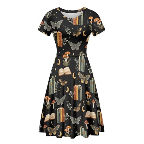 Image of POLERO Women Puffy Swing Elegant Party Midi Dresses Short Sleeve Round Neck A-Line Dress