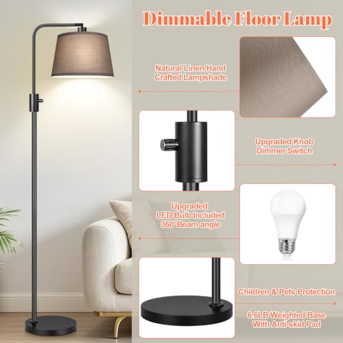 Image of 【Upgraded】 Dimmable Black Floor Lamps, 1000 Lumens LED Edison Bulb Included, Arc Black Floor Lamps for Living Room Modern Standing Lamp with Khaki Shade, Tall Lamps for Living Room Bedroom Office