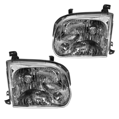 Image of TRQ 2 Piece Headlight Assembly Set Chrome Bezel Driver & Passenger Side Compatible with Toyota Sequoia 2005-2007 Tundra 2005-2006 TO2502158 TO2503158 811100C031 811500C031