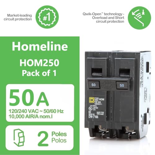 genuine square d hom250 circuit breaker kit bundle 1 pack 50 amp 50a double pole 120240v 10kaic ul listed plug-on for homeline load centers amp panel box new replacement