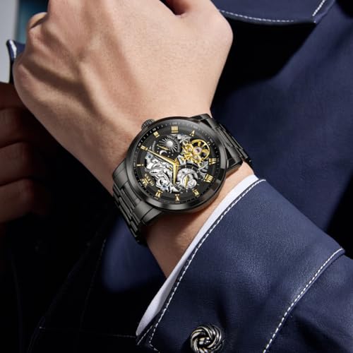 Image of OLEVS Automatic Men Watch Self Winding Mechanical Moon Phase Business Luxury Diamond Dress Stainless Steel Waterproof Luminous Mens Wrist Watch
