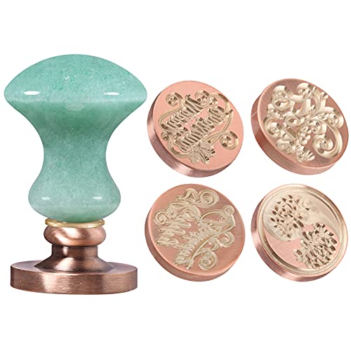 mookaitedecor Wax Seal Stamp Kit, Green Aventurine Mushroom Crystal Handle with 4 Wax Seal Stamps Head for Wedding Envelopes Invitation Decoration(Tree of Life+Love+Happy Birthday+Christmas)