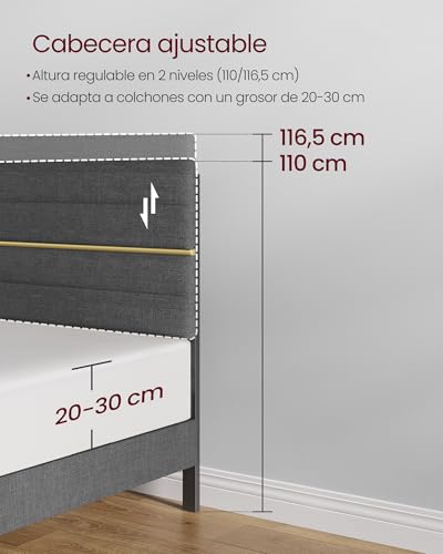 Miniatura 7 de Vasagle Marco De Cama Matrimonial, Marco Para Colchón De 135 X 190 Cm, Cabecero Acolchado Ajustable, Metal Y Madera, Estilo Moderno, Gris Pizarra Rmb506gn01