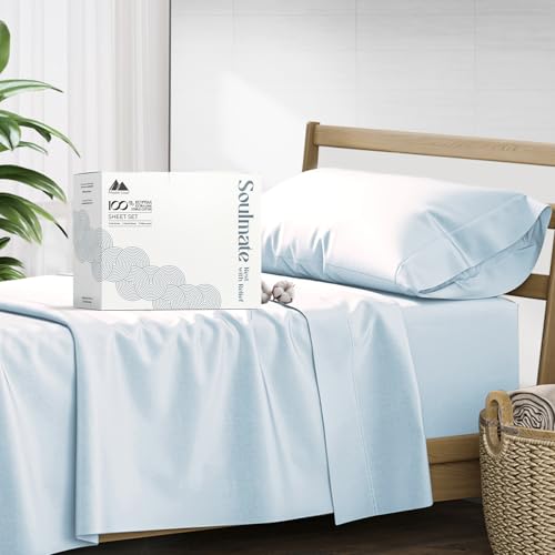 Mayfair Linen Twin Sheet Sets Cotton - Luxury 500 Series Soulmate Collection 100% Egyptian Cotton Twin Sheets (3 PC, Light Blue), Extra Soft, Cooling, Sateen Weave, 16" Deep Pocket Hotel Bed Sheet Set