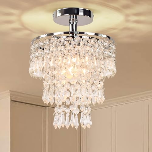 FRIXCHUR Small Crystal Chandelier Silver Ceiling Light Flush Mount Chandelier Light Fixture Ceiling Mount for Dining Room Bedroom Hallway Foyer Closet 7.9 Inch
