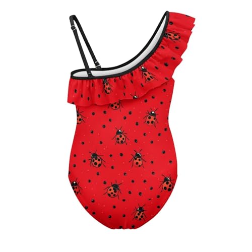 Image of Ladybug Swimsuits for Girls 5-14 One Piece Bathing Suit Kids One Ruffle Shoulder Beach Sport Swimwear