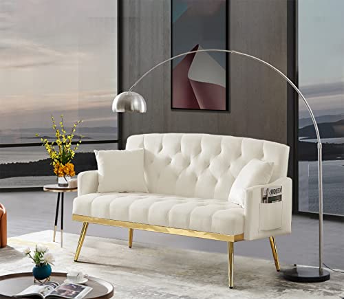Antetek Upholstered Velvet Loveseat Sofa, Modern Small Sofa Couch With Side Pocket And Golden Metal Legs, Tufted Leisure Sofa For Living Room, Bedroom, Office, Light Beige #TOP2