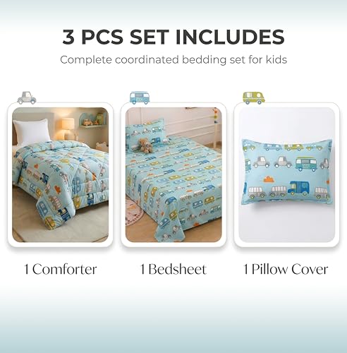 Image of VAS COLLECTIONS Single Bed Comforter Set 220 GSM Microfiber | Ultra Soft AC Comforter with Flat Bedsheet (60x90 Inches) & 1 Pillow Cover | 3 Pc Bedding Set (Bus Print) | 3 Pc Bedding Set