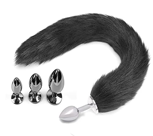 Glatte Langer Fuchsschwanz Kunstfell Analplug Sexspielzeug für Paare Cosplay SM Rollenspiele, Anfängerfreundlicher Tier Schwanz Butt Plug für Frauen und Männer (Schwarz)