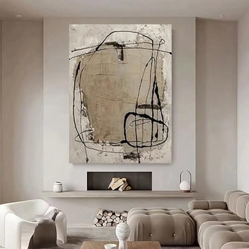 Toile abstraite à rayures verticales décoration murale encre noire et beige 50 x 75 cm