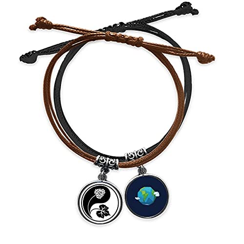 Pulsera de cuero budismo Yin Yang con grabado de flor detallado
