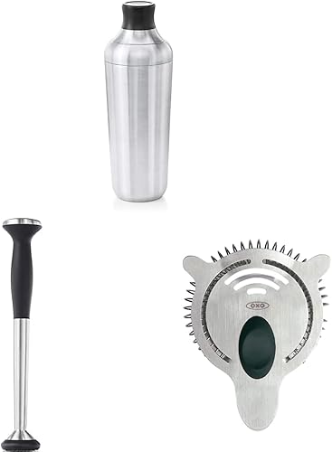 OXO Coctelera de acero de una sola pared y mezclador OXO SteeL con cabeza de nailon antiarañazos y agarre antideslizante suave, plateado, 9 pulgadas